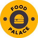 Logo jaune et noir avec un burger au centre et l'indication "Fodd Palace" autour du logo